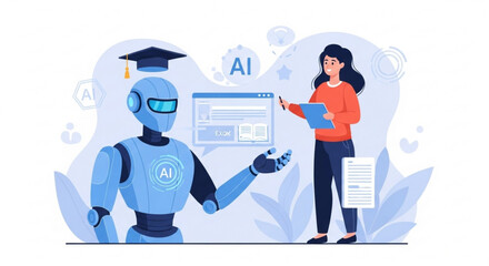 Ai artificial intelligence education learning with robot and teacher vector illustration design for future 100