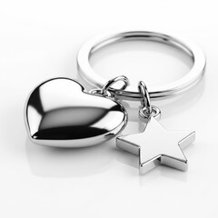 Shiny silver keychain with heart and star charms, realistic metal texture, elegant reflections, minimalist composition on a pure white background. Premium photorealistic quality.