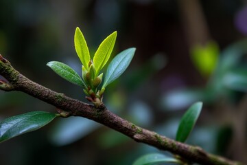 Fresh green leaves emerging from a branch in a tranquil forest during early spring