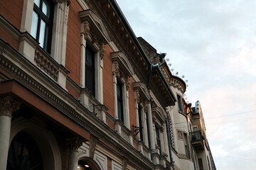 Elegant facades of historic buildings in Subotica, Serbia featuring neoclassical and art nouveau...
