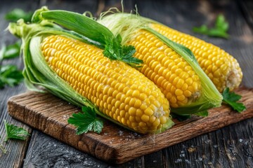 Freshly harvested corn on a wooden cutting board with green leaves and herbs on a rustic table