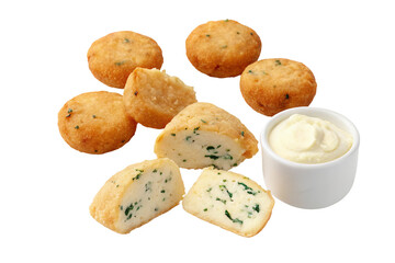 Delicious crispy breaded bites with cheese and herbs served with creamy dipping sauce on side