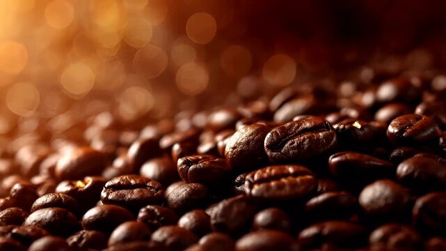 A closeup shot of coffee beans with a bokeh effect in the background. The beans are dark brown with a glossy texture, and they are arranged in a seemingly random pattern.