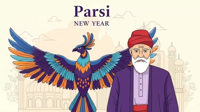 An illustrative vector design celebrating the Parsi New Year, featuring a traditional elder and the mythical Simurgh bird for the Nowruz festival.