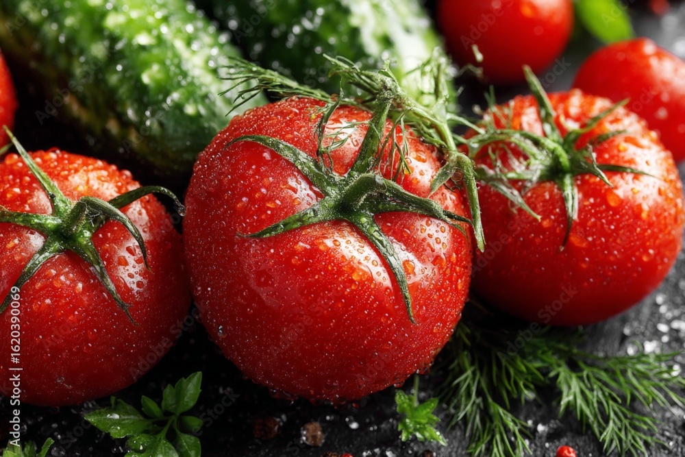 Poster fresh tomatoes and cucumbers with droplets on dark background showcasing their vibrant colors and te
