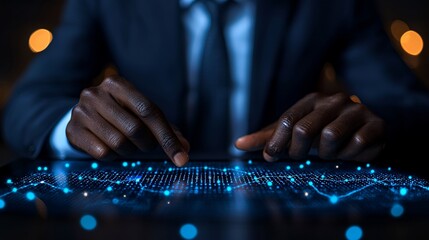 Professional analyzing digital data trends on a glowing screen interface