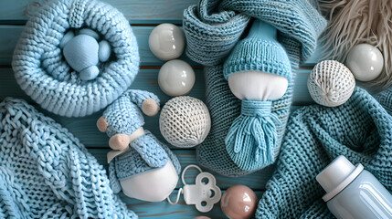 Flatlay of Mom and Baby Items: Pacifier Blanket and Bottle, in high resolution clean minimal style stock photo illustration background image ideal for templates advertisements and web banners showcasi