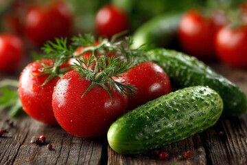 Fresh tomatoes and cucumbers arranged on a wooden surface with droplets of water and herbs