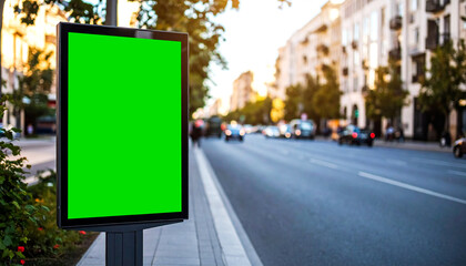 Close Up Blank Green Screen Billboard in City Street