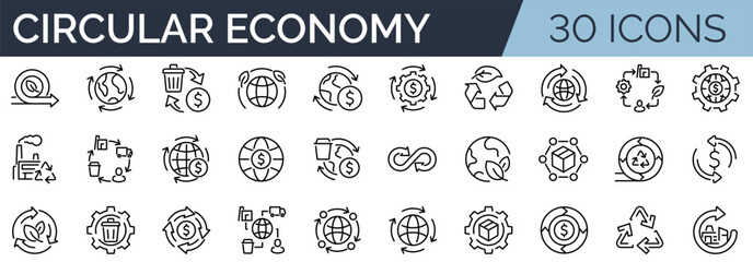 Set of 30 outline icons related to circular economy. Linear icon collection. Editable stroke. Vector illustration