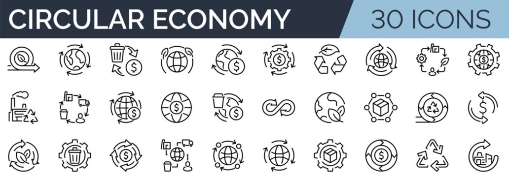 Set of 30 outline icons related to circular economy. Linear icon collection. Editable stroke. Vector illustration