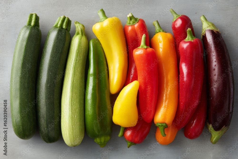 Poster fresh vegetables arranged in a colorful line on a gray surface during daylight hours