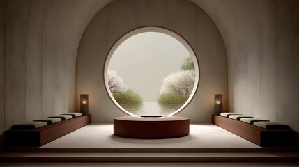 Tranquil interior space with a circular window view.