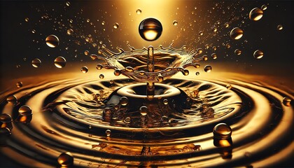 An image of a golden water droplet colliding with a liquid surface, creating a splash effect