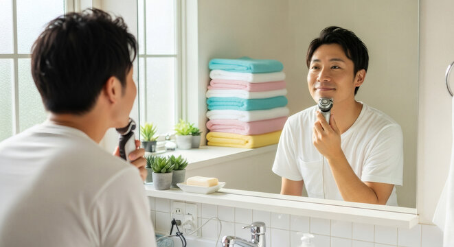 A young Asian man in a white t-shirt shaves his face with an electric razor while looking at his reflection in a bright, modern bathroom mirror.