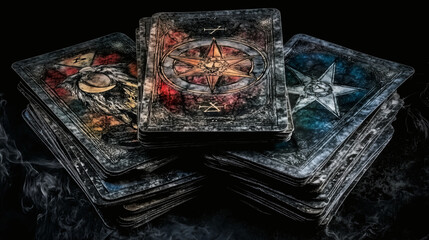Mystical Tarot Card Decks Stacked with Smoke and Dark Cosmic Background