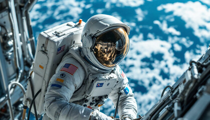 Astronaut doing maintenance in space with Earth softly blurred behind.