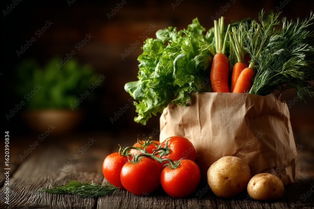 Poster fresh vegetables in a paper bag on a wooden table with a rustic backdrop showcasing healthy eating a