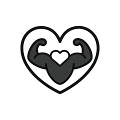 Strong heart icon with biceps flexing isolated on white background