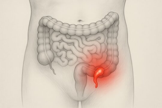 Frontal anatomical view of lower abdomen with inflamed appendix and red glow in right iliac fossa, ideal for illustrating appendicitis, early perforation, or acute abdominal pain in clinical visuals.