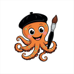 Adorable Cartoon Orange Octopus Wearing a Black Beret and Holding a Paintbrush