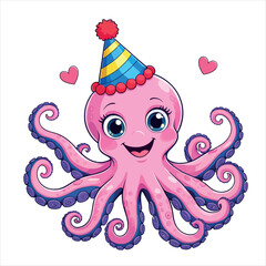 Cheerful and Cute Illustration of a Happy Pink Octopus with Big Blue Eyes and a Wide Smile, Festively Dressed for a Celebration with a Birthday Hat and Sweet Heart Accents