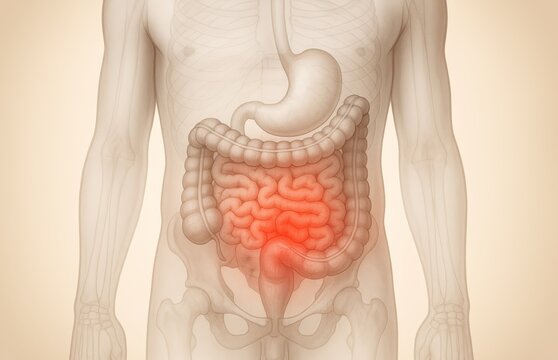 Frontal anatomical view of torso with red glow in lower abdomen highlighting intestine, perfect for illustrating irritable bowel syndrome, intestinal inflammation, bloating, or colitis