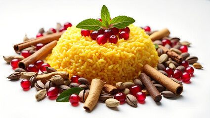 pyramid of yellow rice with berries and spices, vibrant display, aromatic dish,
