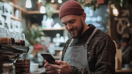Man using a smartphone for contactless payments at a coffee shop.