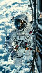 Fototapeta premium Astronaut doing maintenance in space with Earth softly blurred behind. 