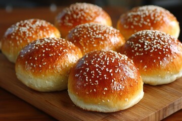 Freshly baked golden sesame buns arranged on a wooden board