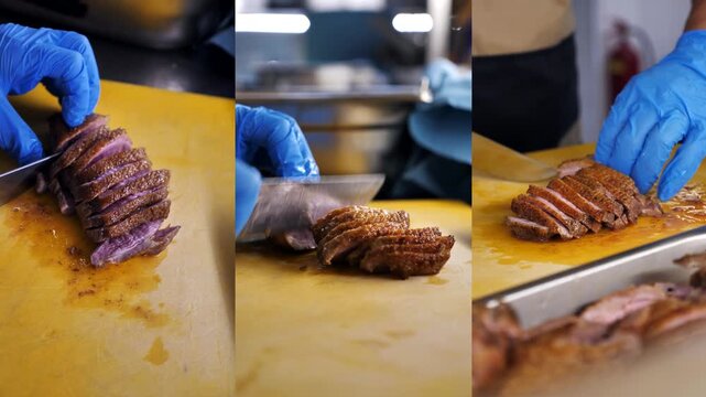 Chef cutting duck fillet with a knife on a cutting board in the kitchen. collage, multiscreen