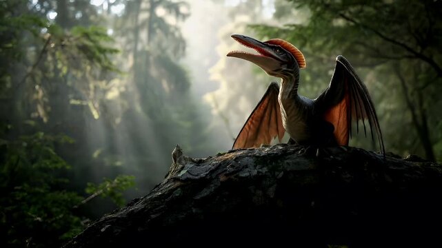 A vivid portrayal of a dinosaur with its wings spread, perched on a tree stump in a forest setting. The dinosaurs wings are spread wide, revealing a detailed texture of feathers and a pronounced.