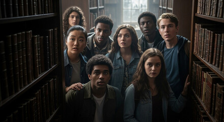A group of diverse young adults looking surprised in a library with bookshelves around them all around