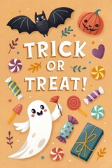 Playful Halloween postcard design featuring a friendly ghost, candies, and festive decorations for the autumn season