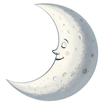 Charming crescent moon illustration with a smiling face in a serene night sky setting