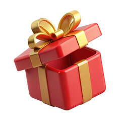 Isolated open red gift box with gold ribbon bow for birthday christmas valentine present surprise 3d render