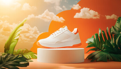 White sneakers with orange highlights on the podium amidst tropical leaves
