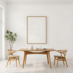 A minimalist dining room with wooden furniture and a large poster frame on a white wall is being used for an artwork or product presentation mockup.