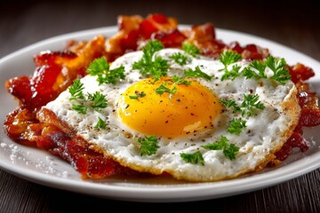 Delicious fried egg with crispy bacon served on a white plate for breakfast