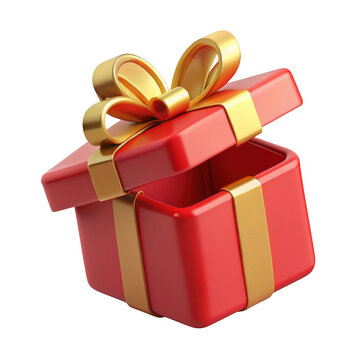 Isolated open red gift box with gold ribbon bow for birthday christmas valentine present surprise 3d render