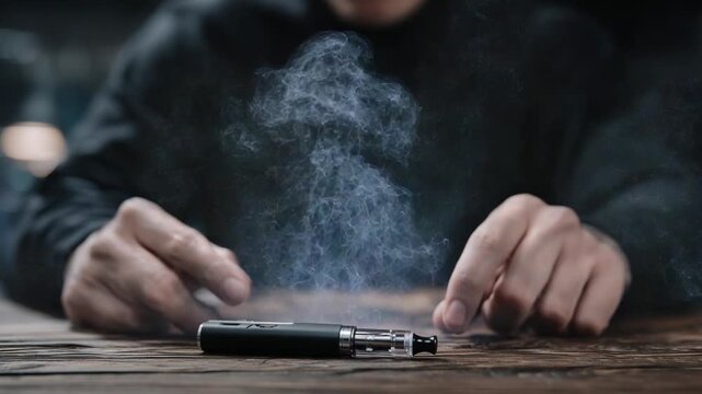 Sleek vape device emitting swirling e-cigarette vapor indoors.
