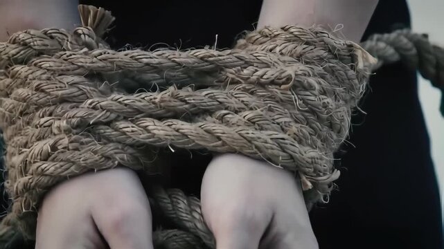 Close up of Tied Hands with Thick Brown Ropes Against Black Background