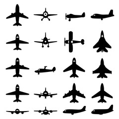 a diverse set of aircraft silhouettes in multiple perspectives including side, front, and top views