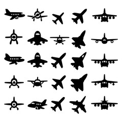 Premium vector illustration featuring a comprehensive set of 20 airplane silhouettes in black, showcasing a diverse mix of aircraft types including commercial jets, fighter planes, propeller aircraft