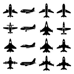 airplane silhouettes in diverse styles, perspectives, and categories including commercial jets, fighter aircraft, and light private planes. Perfect for aviation-related graphic design