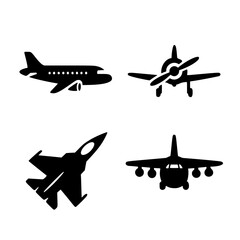 four distinct aircraft silhouettes: a commercial jet, vintage propeller plane, military fighter jet, and cargo airplane. Designed in a bold black and white style