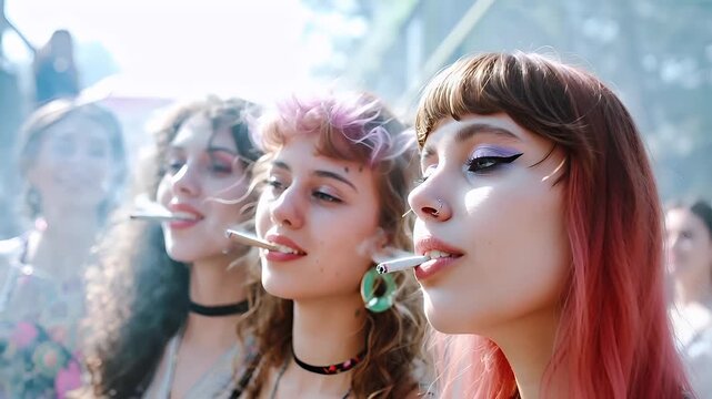 A closeup of a woman with auburn hair and purple eyeshadow, blowing smoke from a cigarette. She has a playful expression and is wearing a choker necklace with a red and black pattern.