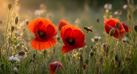Obraz premium Vibrant red poppies with a bee in flight, bathed in golden sunlight, creating a stunning nature scene perfect for spring designs