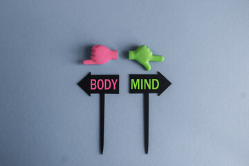 Mental health over physical health concept. BLACK ARROW-SHAPED PLAQUES WITH THE WORDS mind OR body....